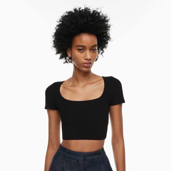 Aritzia Babaton Sculpt Knit Squareneck Top - Black Ribbed Short Sleeve Shirt - Picture 3 of 10